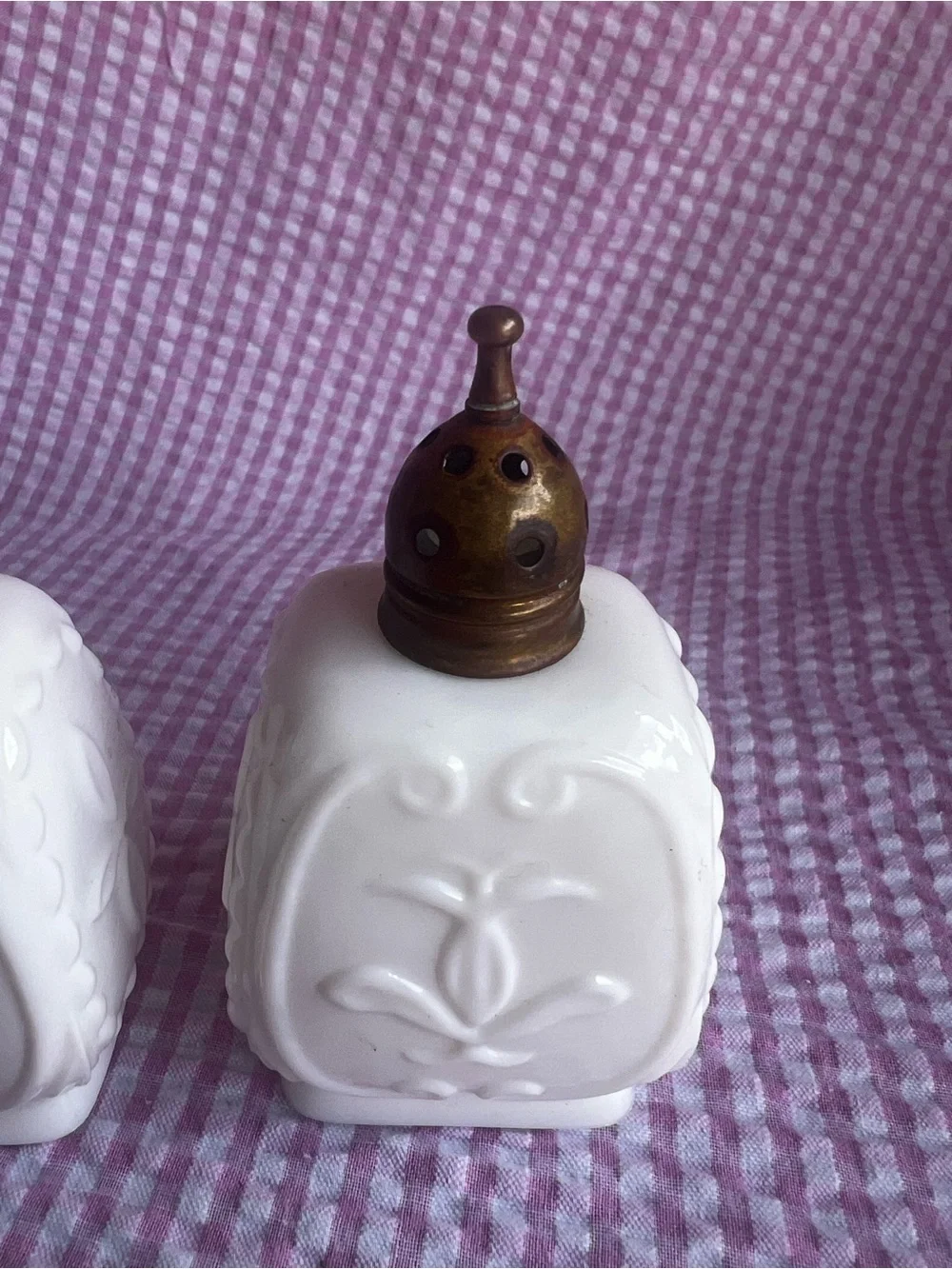 Milk Glass Salt and Pepper Shaker Set with Brass Tops
